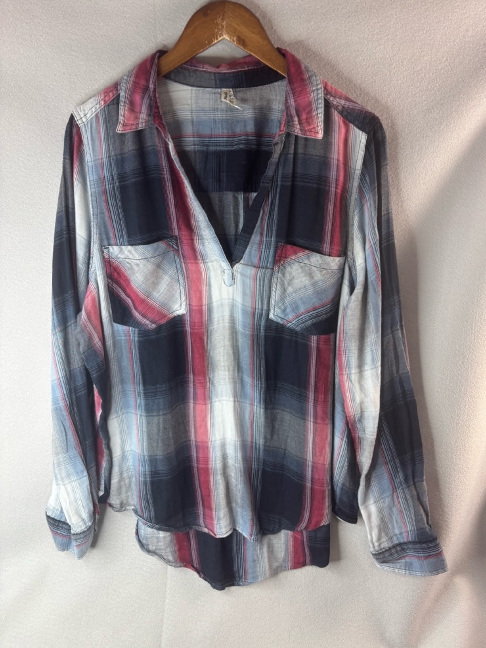 Mudd XL Plaid Tunic Pullover Top in Navy, Red, and White